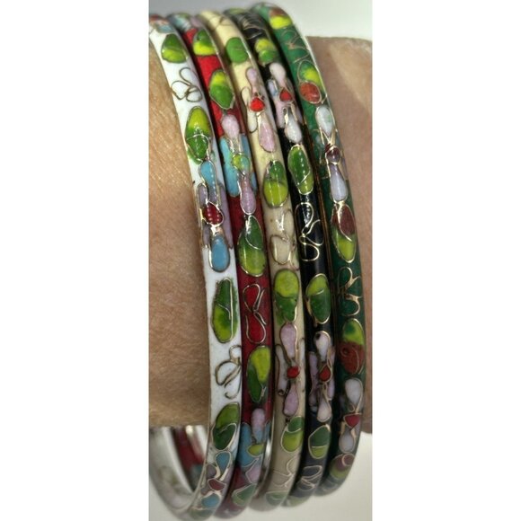 Unbranded Jewelry - 5 Floral Cloisonne Enamel Bangle Bracelets Red, Green, White, Black, Ivory
